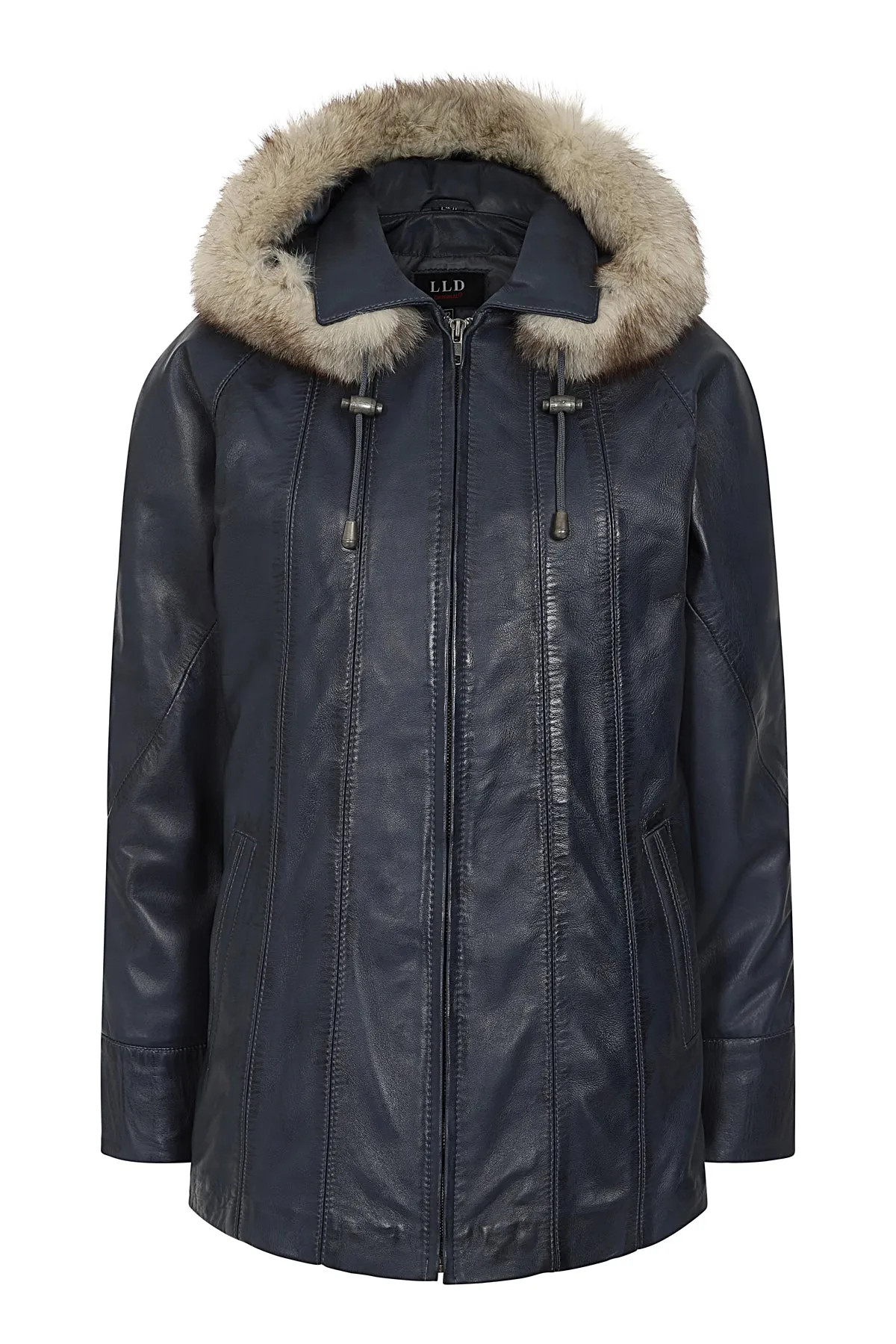 Women's Quality Navy 'Sky' Blue Leather Hip Length Coat with Fur Trimmed Detachable Hood - 'CARLA'