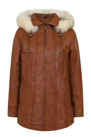 Women's Quality Tan Leather Hip Length Coat with Fur Trimmed Detachable Hood - 'CARLA'