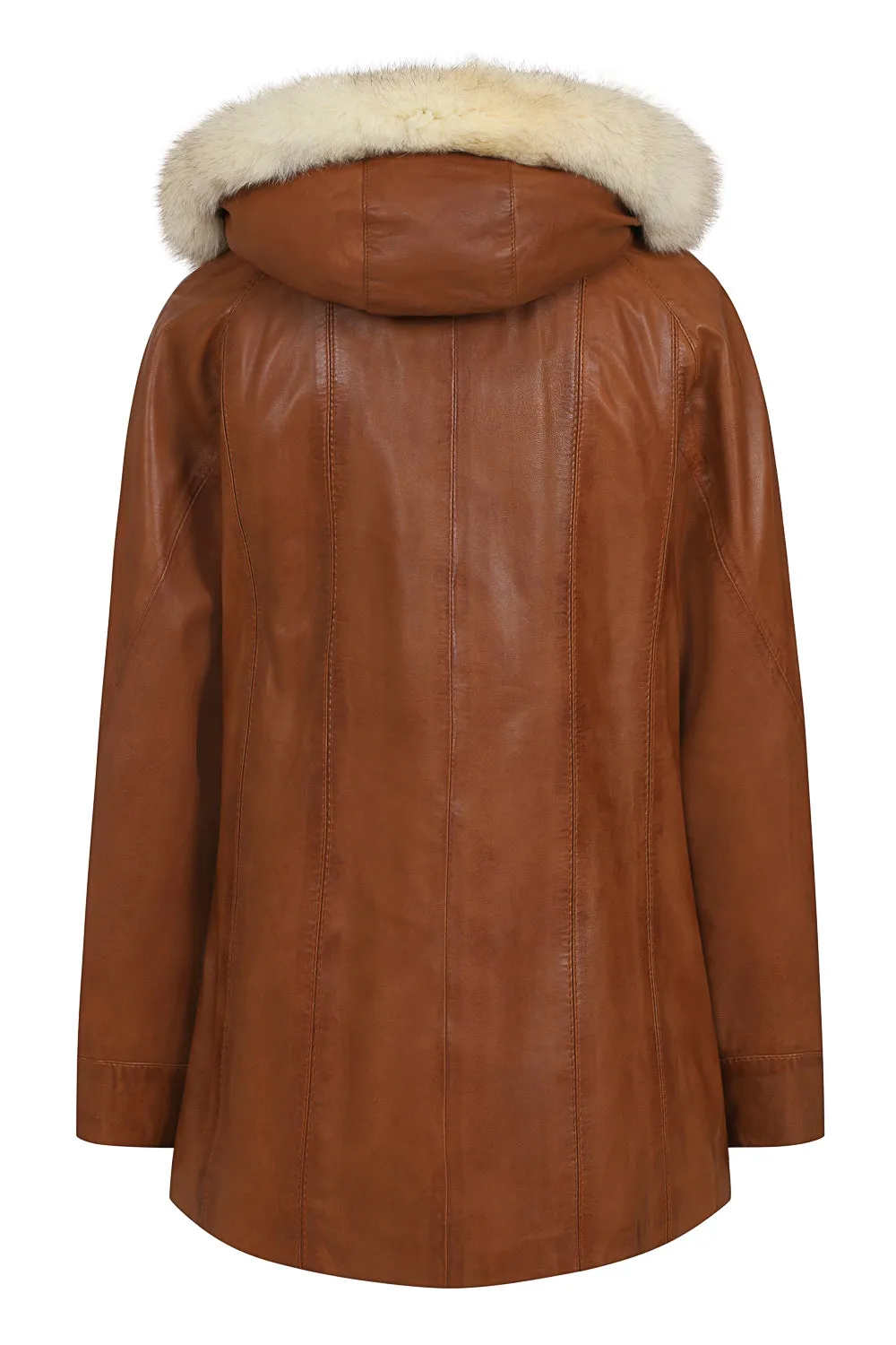 Women's Quality Tan Leather Hip Length Coat with Fur Trimmed Detachable Hood - 'CARLA'