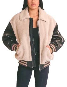 Women's Sherpa Bomber Jacket With Leather Sleeves