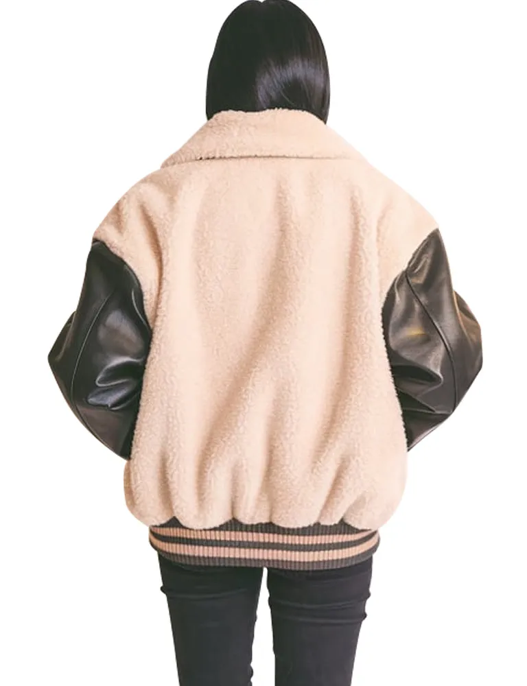 Women's Sherpa Bomber Jacket With Leather Sleeves