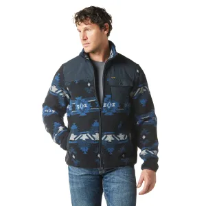 Wrangler Men's Blue Aztec Print Zip Front Lighweight Sherpa Jacket with Ripstop Yoke