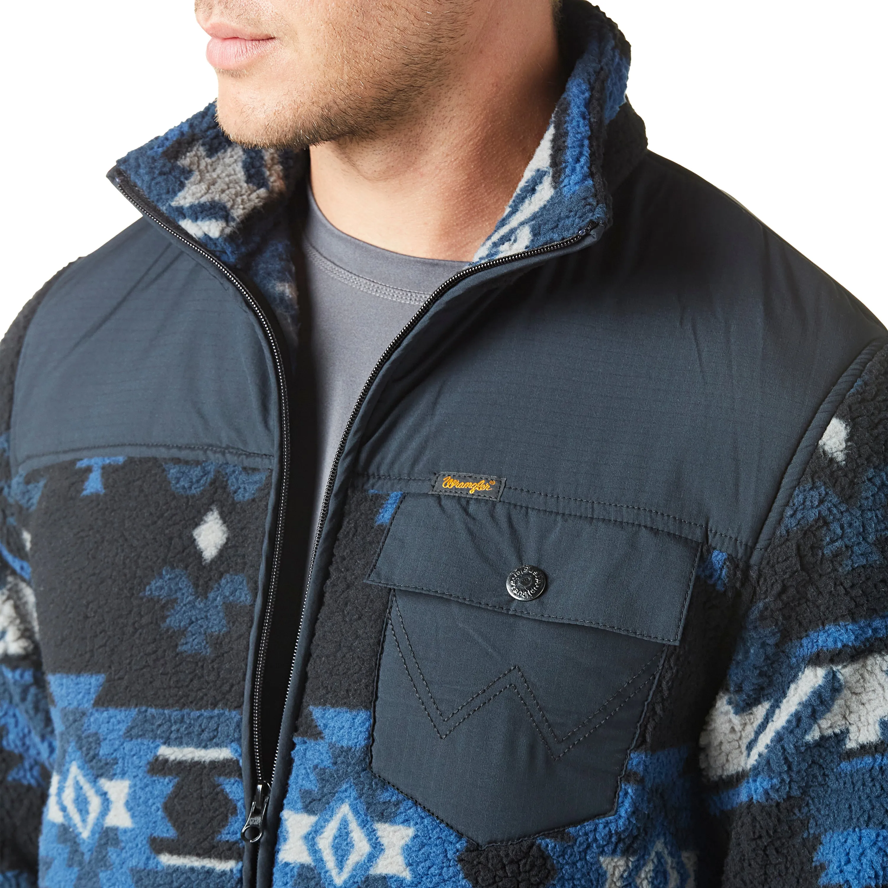 Wrangler Men's Blue Aztec Print Zip Front Lighweight Sherpa Jacket with Ripstop Yoke