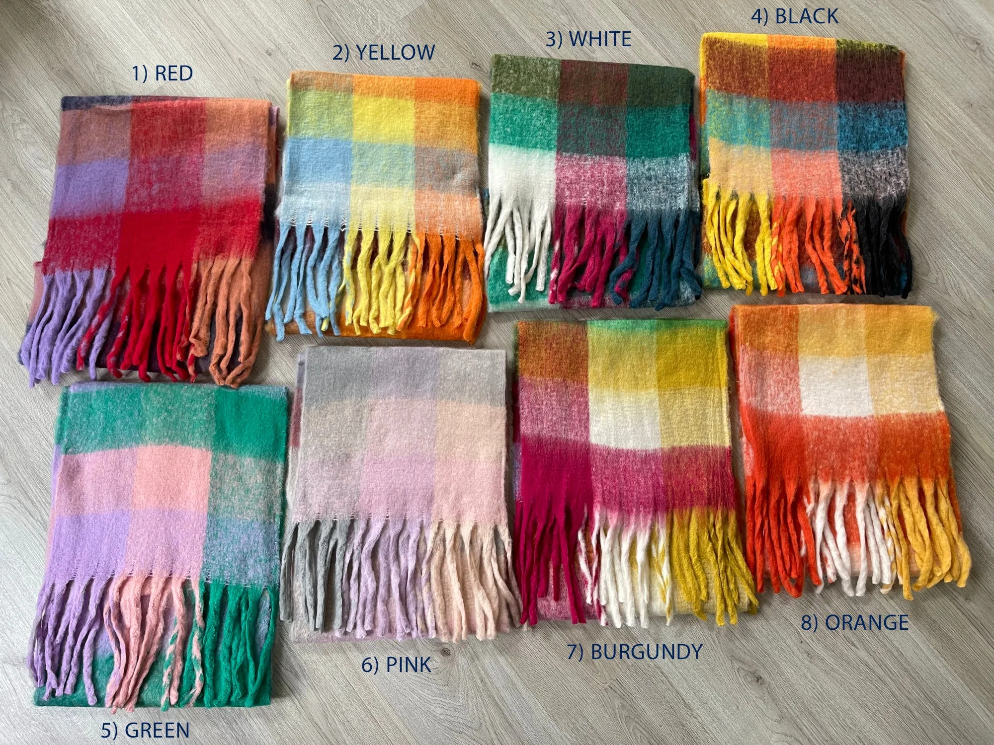 YELLOW CHECKED WOOL RAINBOW BLANKET SCARF OVERSIZED WINTER SHAWL WRAP