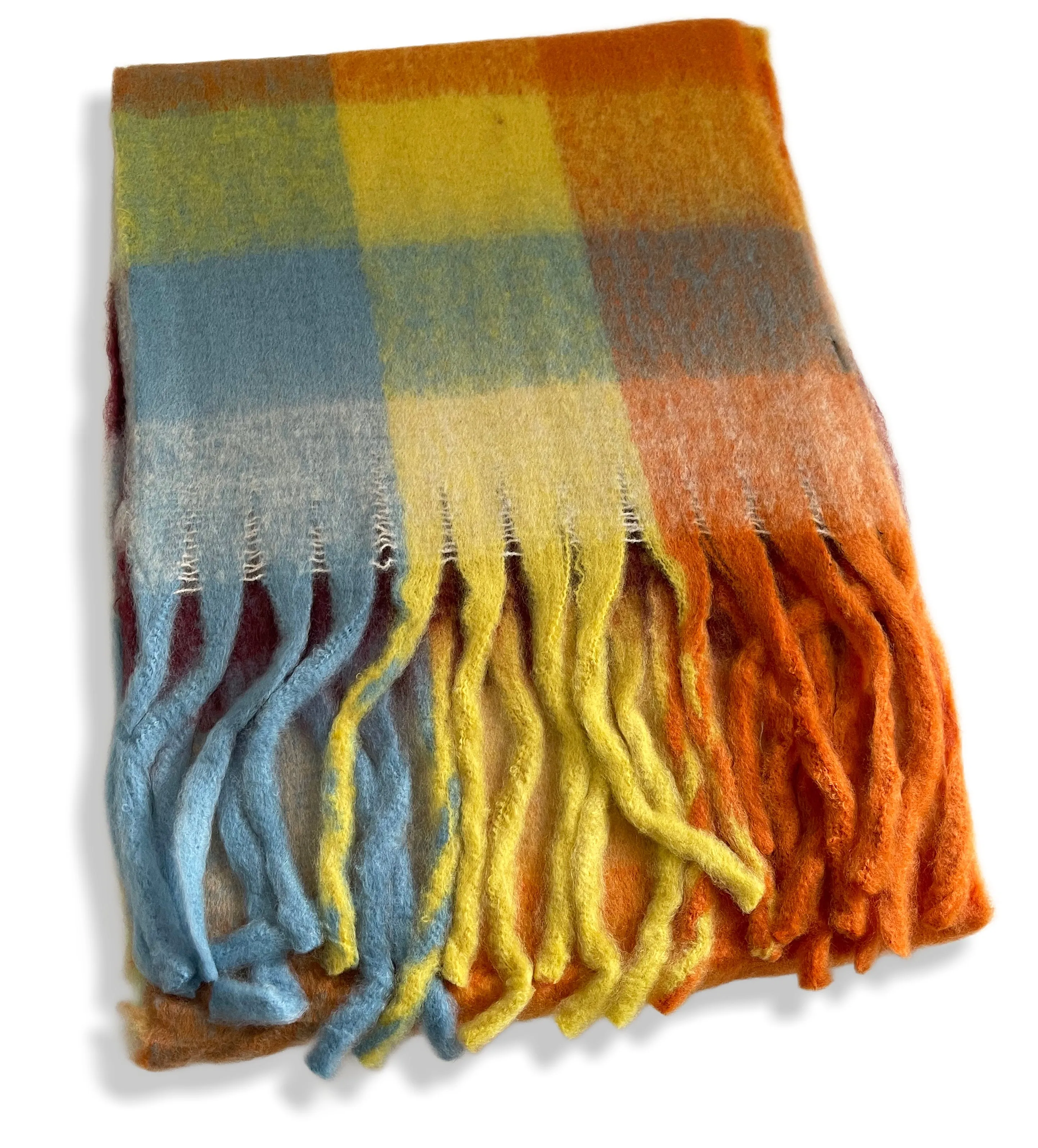 YELLOW CHECKED WOOL RAINBOW BLANKET SCARF OVERSIZED WINTER SHAWL WRAP