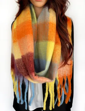 YELLOW CHECKED WOOL RAINBOW BLANKET SCARF OVERSIZED WINTER SHAWL WRAP